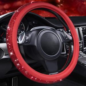 imageCAR PASS Bling Diamond Leather Steering Wheel Cover with Bling Sparkly Crystal Glitter Rhinestones Universal Fit 145in15in Car Wheel Protector for Women Girl Fit SuvsVansSedansCarTrucks SilverRed Diamond on Velvet