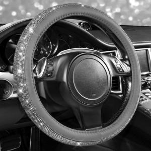 imageCAR PASS Bling Diamond Leather Steering Wheel Cover with Bling Sparkly Crystal Glitter Rhinestones Universal Fit 145in15in Car Wheel Protector for Women Girl Fit SuvsVansSedansCarTrucks SilverGray Diamond