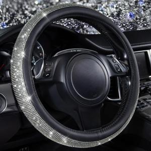imageCAR PASS Bling Diamond Leather Steering Wheel Cover with Bling Sparkly Crystal Glitter Rhinestones Universal Fit 145in15in Car Wheel Protector for Women Girl Fit SuvsVansSedansCarTrucks SilverBlack Crystal Holder Silver Diamond