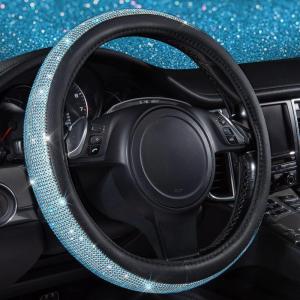 imageCAR PASS Bling Diamond Leather Steering Wheel Cover with Bling Sparkly Crystal Glitter Rhinestones Universal Fit 145in15in Car Wheel Protector for Women Girl Fit SuvsVansSedansCarTrucks SilverMint Diamond