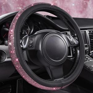 imageCAR PASS Bling Diamond Leather Steering Wheel Cover with Bling Sparkly Crystal Glitter Rhinestones Universal Fit 145in15in Car Wheel Protector for Women Girl Fit SuvsVansSedansCarTrucks SilverPink Diamond on Velvet