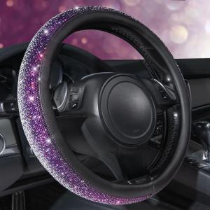 imageCAR PASS Bling Diamond Leather Steering Wheel Cover with Bling Sparkly Crystal Glitter Rhinestones Universal Fit 145in15in Car Wheel Protector for Women Girl Fit SuvsVansSedansCarTrucks SilverViolet Silver Diamond