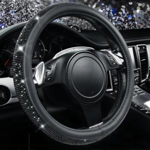 imageCAR PASS Bling Diamond Leather Steering Wheel Cover with Bling Sparkly Crystal Glitter Rhinestones Universal Fit 145in15in Car Wheel Protector for Women Girl Fit SuvsVansSedansCarTrucks SilverBlack Diamond on Velvet