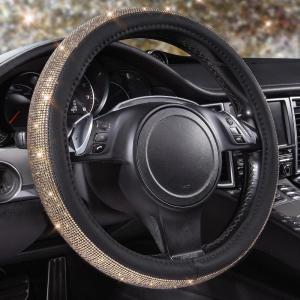 imageCAR PASS Bling Diamond Leather Steering Wheel Cover with Bling Sparkly Crystal Glitter Rhinestones Universal Fit 145in15in Car Wheel Protector for Women Girl Fit SuvsVansSedansCarTrucks SilverBlack Gold