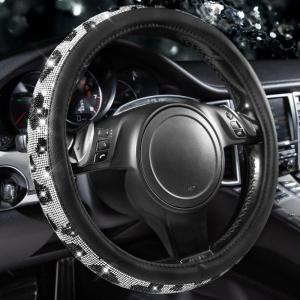imageCAR PASS Bling Diamond Leather Steering Wheel Cover with Bling Sparkly Crystal Glitter Rhinestones Universal Fit 145in15in Car Wheel Protector for Women Girl Fit SuvsVansSedansCarTrucks SilverCow Diamond