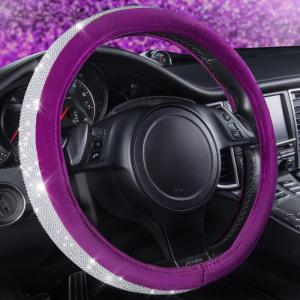 imageCAR PASS Bling Diamond Leather Steering Wheel Cover with Bling Sparkly Crystal Glitter Rhinestones Universal Fit 145in15in Car Wheel Protector for Women Girl Fit SuvsVansSedansCarTrucks SilverVelvet Purple Diamond