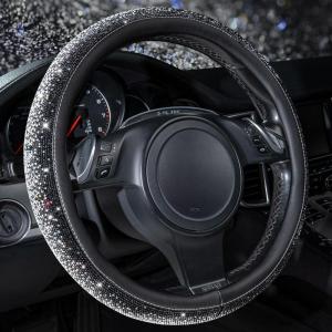 imageCAR PASS Bling Diamond Leather Steering Wheel Cover with Bling Sparkly Crystal Glitter Rhinestones Universal Fit 145in15in Car Wheel Protector for Women Girl Fit SuvsVansSedansCarTrucks SilverBlack Silver Diamond