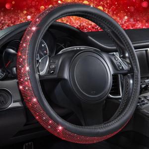 imageCAR PASS Bling Diamond Leather Steering Wheel Cover with Bling Sparkly Crystal Glitter Rhinestones Universal Fit 145in15in Car Wheel Protector for Women Girl Fit SuvsVansSedansCarTrucks SilverRed Diamond