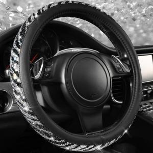 imageCAR PASS Bling Diamond Leather Steering Wheel Cover with Bling Sparkly Crystal Glitter Rhinestones Universal Fit 145in15in Car Wheel Protector for Women Girl Fit SuvsVansSedansCarTrucks SilverZebra Print Diamond