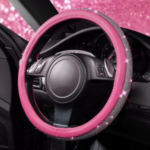 imageCAR PASS Bling Diamond Leather Steering Wheel Cover with Bling Sparkly Crystal Glitter Rhinestones Universal Fit 145in15in Car Wheel Protector for Women Girl Fit SuvsVansSedansCarTrucks SilverPink 36
