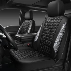 imageCAR PASS Bling Diamond Pink Leather Car Seat Covers Full Sets Interior Sets Waterproof Shining Glitter Sparkly Crystal Universal Armrest Fit for Automotive Truck SUV Cute Women Girl Pink RhinestoneSilver Diamond