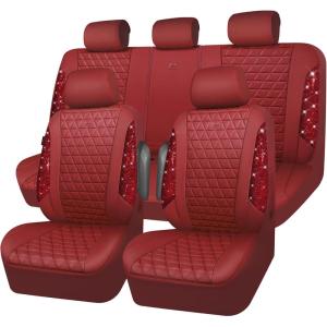 imageCAR PASS Bling Diamond Pink Leather Car Seat Covers Full Sets Interior Sets Waterproof Shining Glitter Sparkly Crystal Universal Armrest Fit for Automotive Truck SUV Cute Women Girl Pink RhinestoneBurgundy Diamond