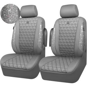imageCAR PASS Bling Diamond Pink Leather Car Seat Covers Full Sets Interior Sets Waterproof Shining Glitter Sparkly Crystal Universal Armrest Fit for Automotive Truck SUV Cute Women Girl Pink RhinestoneGray Diamond