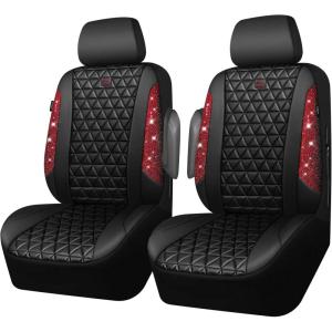 imageCAR PASS Bling Diamond Pink Leather Car Seat Covers Full Sets Interior Sets Waterproof Shining Glitter Sparkly Crystal Universal Armrest Fit for Automotive Truck SUV Cute Women Girl Pink RhinestoneRed Diamond
