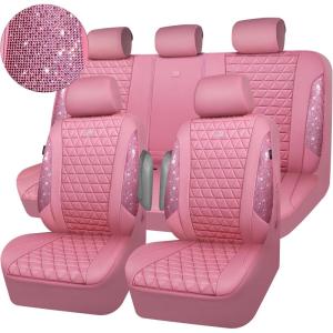 imageCAR PASS Bling Diamond Pink Leather Car Seat Covers Full Sets Interior Sets Waterproof Shining Glitter Sparkly Crystal Universal Armrest Fit for Automotive Truck SUV Cute Women Girl Pink RhinestonePink Rhinestone
