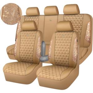imageCAR PASS Bling Diamond Pink Leather Car Seat Covers Full Sets Interior Sets Waterproof Shining Glitter Sparkly Crystal Universal Armrest Fit for Automotive Truck SUV Cute Women Girl Pink RhinestoneBeige Rhinestone