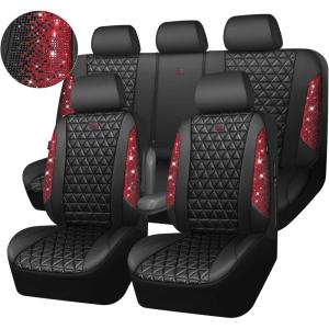 imageCAR PASS Bling Diamond Pink Leather Car Seat Covers Full Sets Interior Sets Waterproof Shining Glitter Sparkly Crystal Universal Armrest Fit for Automotive Truck SUV Cute Women Girl Pink RhinestoneRed Rhinestone