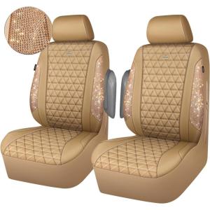 imageCAR PASS Bling Diamond Pink Leather Car Seat Covers Full Sets Interior Sets Waterproof Shining Glitter Sparkly Crystal Universal Armrest Fit for Automotive Truck SUV Cute Women Girl Pink RhinestoneBeige Diamond