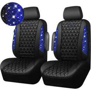 imageCAR PASS Bling Diamond Pink Leather Car Seat Covers Full Sets Interior Sets Waterproof Shining Glitter Sparkly Crystal Universal Armrest Fit for Automotive Truck SUV Cute Women Girl Pink RhinestoneBlue Diamond