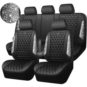 imageCAR PASS Bling Diamond Pink Leather Car Seat Covers Full Sets Interior Sets Waterproof Shining Glitter Sparkly Crystal Universal Armrest Fit for Automotive Truck SUV Cute Women Girl Pink RhinestoneSilver Rhinestone