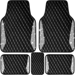 imageCAR PASS Bling Leather Car Mats Shining Diamond Floor Mats Crystal Rhinestone Sparkly Glitter Carpet AntiSlip Waterproof Pad Universal Fit Automotive SUV Sedan Van 5pcs Girl Women Black SilverBlack Leather White Diamond