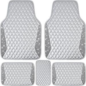 imageCAR PASS Bling Leather Car Mats Shining Diamond Floor Mats Crystal Rhinestone Sparkly Glitter Carpet AntiSlip Waterproof Pad Universal Fit Automotive SUV Sedan Van 5pcs Girl Women Black SilverSilver Leather Diamond