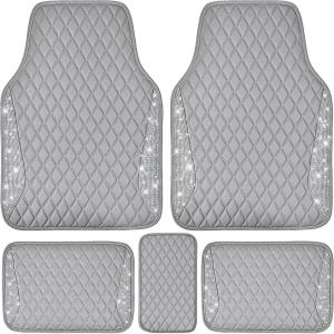 imageCAR PASS Bling Leather Car Mats Shining Diamond Floor Mats Crystal Rhinestone Sparkly Glitter Carpet AntiSlip Waterproof Pad Universal Fit Automotive SUV Sedan Van 5pcs Girl Women Black SilverGray Leather Diamond