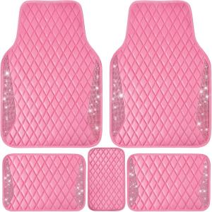 imageCAR PASS Bling Leather Car Mats Shining Diamond Floor Mats Crystal Rhinestone Sparkly Glitter Carpet AntiSlip Waterproof Pad Universal Fit Automotive SUV Sedan Van 5pcs Girl Women Black SilverPink Leather Diamond