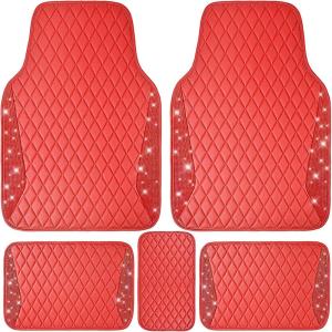 imageCAR PASS Bling Leather Car Mats Shining Diamond Floor Mats Crystal Rhinestone Sparkly Glitter Carpet AntiSlip Waterproof Pad Universal Fit Automotive SUV Sedan Van 5pcs Girl Women Black SilverRed Leather Diamond