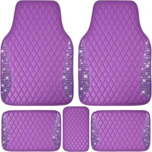 imageCAR PASS Bling Leather Car Mats Shining Diamond Floor Mats Crystal Rhinestone Sparkly Glitter Carpet AntiSlip Waterproof Pad Universal Fit Automotive SUV Sedan Van 5pcs Girl Women Black SilverPurple Leather Diamond