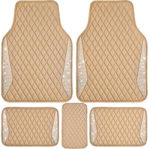imageCAR PASS Bling Leather Car Mats Shining Diamond Floor Mats Crystal Rhinestone Sparkly Glitter Carpet AntiSlip Waterproof Pad Universal Fit Automotive SUV Sedan Van 5pcs Girl Women Black SilverBeige Leather Diamond