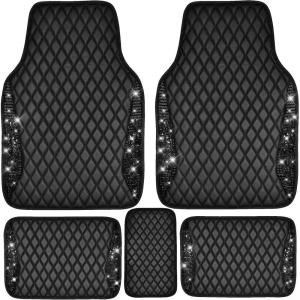 imageCAR PASS Bling Leather Car Mats Shining Diamond Floor Mats Crystal Rhinestone Sparkly Glitter Carpet AntiSlip Waterproof Pad Universal Fit Automotive SUV Sedan Van 5pcs Girl Women Black SilverBlack Leather Diamond