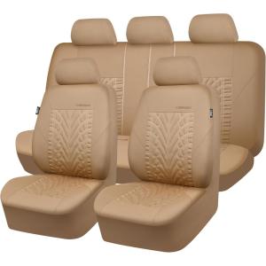 imageCAR PASS Car Seat Covers Full Sets Front ampamp Split Rear Bench for Car 3D Tyre Embossed Automotive Interior Covers Airbag Compatible Quick Setup Universal Fit Seat Covers for Car SUVCharcoalall beige