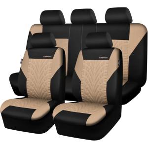 imageCAR PASS Car Seat Covers Full Sets Front ampamp Split Rear Bench for Car 3D Tyre Embossed Automotive Interior Covers Airbag Compatible Quick Setup Universal Fit Seat Covers for Car SUVCharcoalbeige and black