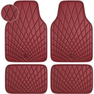 imageCAR PASS Faux Leather Floor Mats for Cars Luxury Waterproof All Weather Car Mats Full Set AntiSlip Deluxe Automotive Mats Universal Fit for Most SUVVansSedansTrucks 4 Piece All BlackBurgundy Red