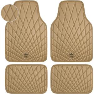 imageCAR PASS Faux Leather Floor Mats for Cars Luxury Waterproof All Weather Car Mats Full Set AntiSlip Deluxe Automotive Mats Universal Fit for Most SUVVansSedansTrucks 4 Piece All BlackBeige