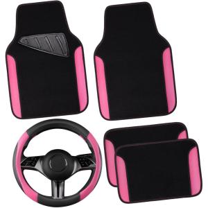 imageCAR PASS Faux Leather Steering Wheel Cover and Waterproof Car Floor MatsUniversal Car Combo Fit for 95 SedanSUVCars14515inch Sporty AntiSlip Safety Comfortable DesignAll BlackPink
