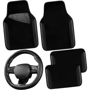 imageCAR PASS Faux Leather Steering Wheel Cover and Waterproof Car Floor MatsUniversal Car Combo Fit for 95 SedanSUVCars14515inch Sporty AntiSlip Safety Comfortable DesignAll BlackAll Black