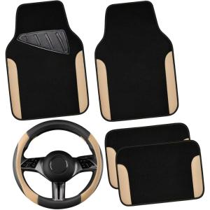 imageCAR PASS Faux Leather Steering Wheel Cover and Waterproof Car Floor MatsUniversal Car Combo Fit for 95 SedanSUVCars14515inch Sporty AntiSlip Safety Comfortable DesignAll BlackBeige