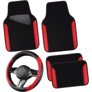 imageCAR PASS Faux Leather Steering Wheel Cover and Waterproof Car Floor MatsUniversal Car Combo Fit for 95 SedanSUVCars14515inch Sporty AntiSlip Safety Comfortable DesignAll BlackRed