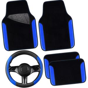 imageCAR PASS Faux Leather Steering Wheel Cover and Waterproof Car Floor MatsUniversal Car Combo Fit for 95 SedanSUVCars14515inch Sporty AntiSlip Safety Comfortable DesignAll BlackBlue