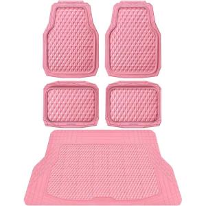 imageCAR PASS Heavy Duty Rubber Car Mats Deep Dish AllWeather Floor Mat for Car Full Set Durable AntiSlip 3D Rhombus Waterproof Trim to Fit Liner Universal Fit AutomotiveSedanSUVTruck 3 Piece BlackPink With Cargo Liners