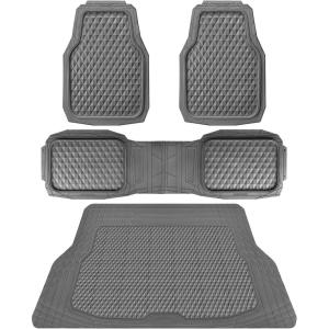 imageCAR PASS Heavy Duty Rubber Car Mats Deep Dish AllWeather Floor Mat for Car Full Set Durable AntiSlip 3D Rhombus Waterproof Trim to Fit Liner Universal Fit AutomotiveSedanSUVTruck 3 Piece BlackGray With Cargo Liners