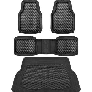 imageCAR PASS Heavy Duty Rubber Car Mats Deep Dish AllWeather Floor Mat for Car Full Set Durable AntiSlip 3D Rhombus Waterproof Trim to Fit Liner Universal Fit AutomotiveSedanSUVTruck 3 Piece BlackBlack With Cargo Liners
