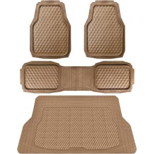 imageCAR PASS Heavy Duty Rubber Car Mats Deep Dish AllWeather Floor Mat for Car Full Set Durable AntiSlip 3D Rhombus Waterproof Trim to Fit Liner Universal Fit AutomotiveSedanSUVTruck 3 Piece BlackBeige With Cargo Liners