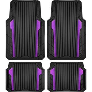imageCAR PASS Heavy Duty Rubber Car Mats Metallic Aluminum Film All Weather Floor Mats Waterproof Universal Trim to Fit Automotive SUV Sedan Van 4 Piece Anodized Deep Dish TwoTone Sporty Black Red ChromeBlack and Purple