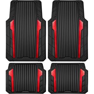 imageCAR PASS Heavy Duty Rubber Car Mats Metallic Aluminum Film All Weather Floor Mats Waterproof Universal Trim to Fit Automotive SUV Sedan Van 4 Piece Anodized Deep Dish TwoTone Sporty Black Red ChromeBlack and Red