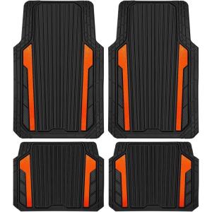 imageCAR PASS Heavy Duty Rubber Car Mats Metallic Aluminum Film All Weather Floor Mats Waterproof Universal Trim to Fit Automotive SUV Sedan Van 4 Piece Anodized Deep Dish TwoTone Sporty Black Red ChromeBlack and Orange