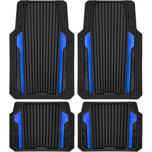 imageCAR PASS Heavy Duty Rubber Car Mats Metallic Aluminum Film All Weather Floor Mats Waterproof Universal Trim to Fit Automotive SUV Sedan Van 4 Piece Anodized Deep Dish TwoTone Sporty Black Red ChromeBlack and Blue