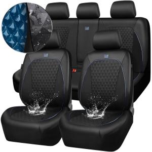 imageCAR PASS Leather Car Seat Covers Gel Wetsuit PU Front Seats Covers Waterproof EVA 2pcs All Weather Neoprene Universal Fit Pickup SUV Truck Sedan Automotive Armrest Airbag Compatible Rhombic BlackBlue Strips
